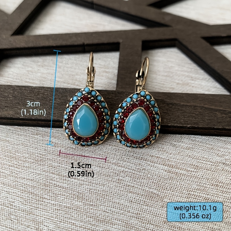 Vintage Teardrop Turquoise & Red Gemstone Earrings with Golden Beaded Frame